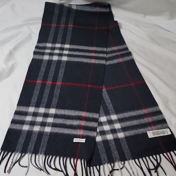 Burberry Navy Blue And White Checkered Scarf